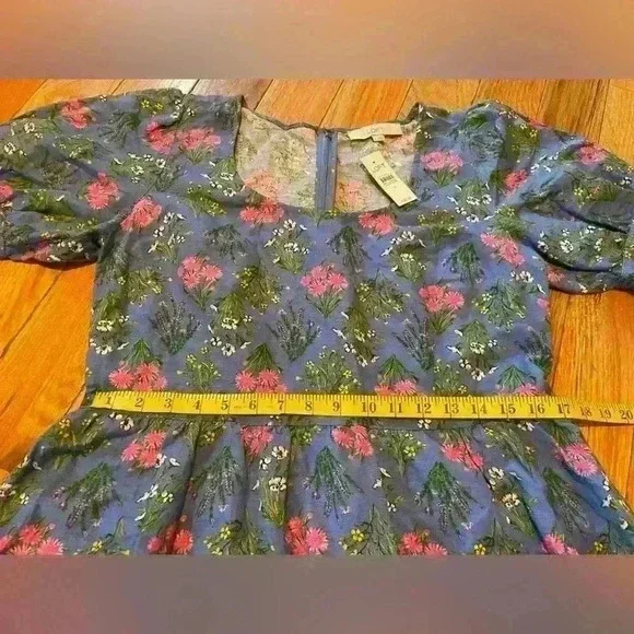 LOFT Blue Floral Babydoll Mini Dress Puff Sleeve Women’s Size 8 Linen Blend NWT - Picture 12 of 12